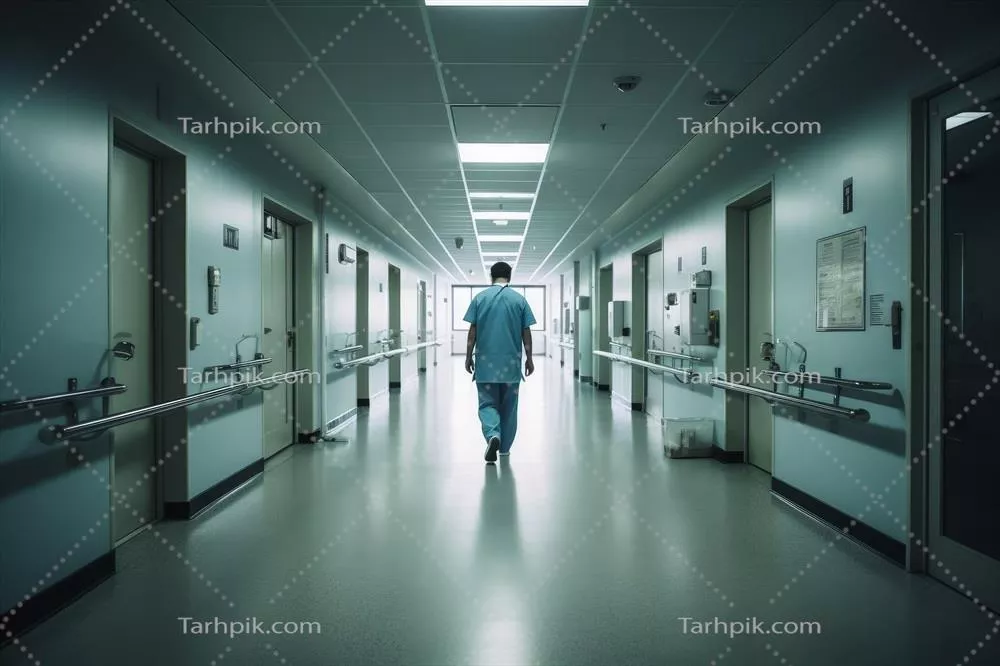 یک پزشک مرد در بیمارستان با استفاده از تکنولوژی هوش مصنوعی مولد