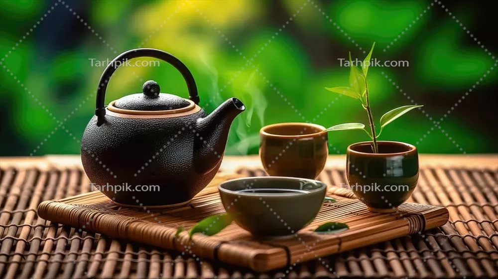 مراسم چای آرامش بخش با استفاده از کتری کوچک و فنجانها برای ایجاد فضایی دلپذیر