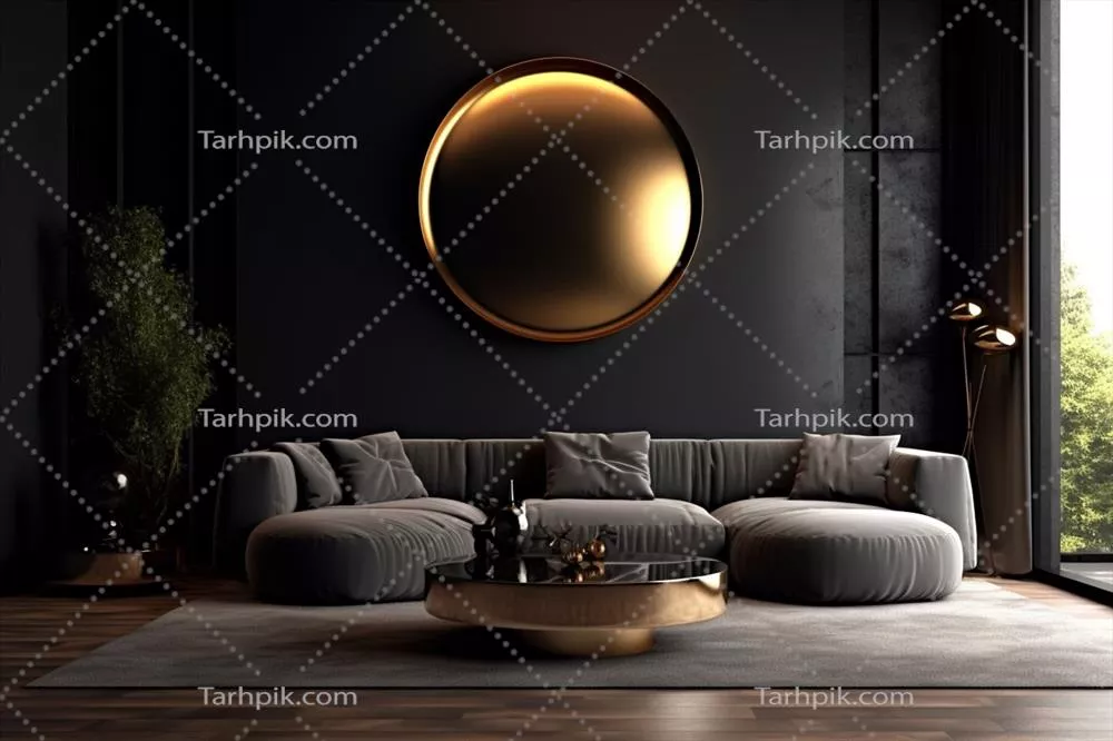طراحی داخلی نشیمن تاریک و شیک با حال و هوای دلنشین و مدل سه بعدی دست ساز هوش مصنوعی