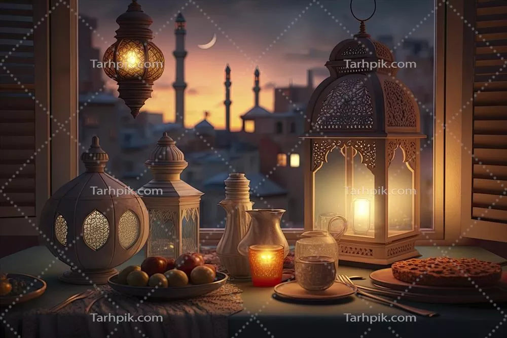 ظرفهای افطار عربی با تزیینات زیبای چراغ روی میز شام در خانه