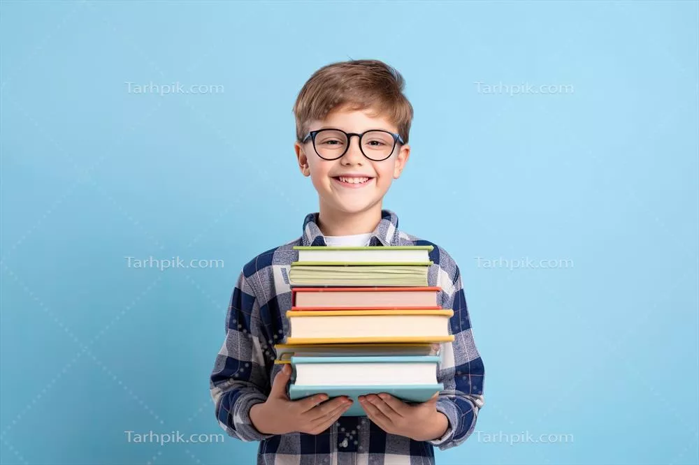 پسر جوانی که انبوهی از کتابها را در دست گرفته است - تصویرGenerated توسط هوش مصنوعی