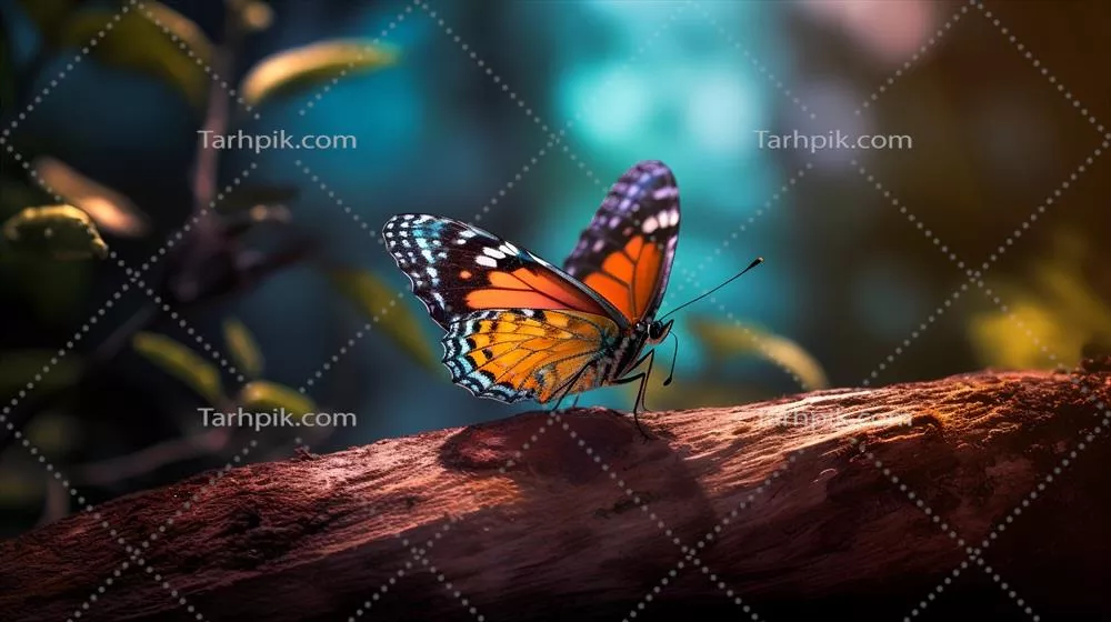 تصویر زیبای پروانه ای رنگارنگ بر روی شاخه درخت