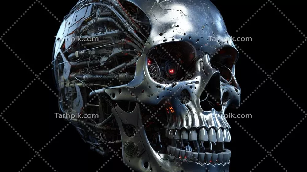 چهره فلزی درخشان و futuristic ربات سایبورگ با طرح جمجمهاش بر روی پسزمینه سیاه