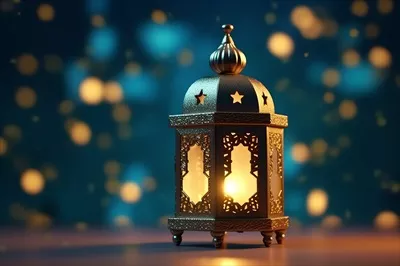 تبریک عید و رمضان با چراغهای اسلامی و پسزمینه عید فطر با طرح هوش مصنوعی