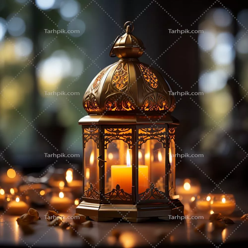 تبریکات عید فطر و رمضان کریم با چراغ اسلامی و پس‌زمینه مسجد