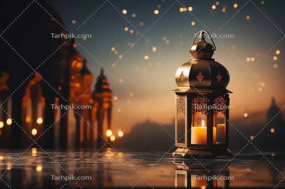 تبریک عید مبارک و رمضان کریم با طراحی اسلامی، فانوس و مسجد در پسزمینه عید فطر