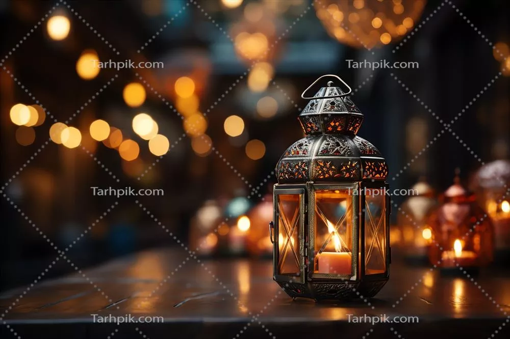 تبریک عید مبارک و رمضان کریم با طراحی فانوس اسلامی و مسجد در پسزمینه عید الفطر