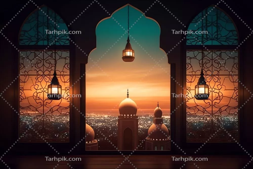 پیام تبریک عید فطر و رمضان با چراغ اسلامی و背景 مسجد