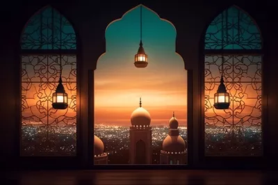 پیام تبریک عید فطر و رمضان با چراغ اسلامی و背景 مسجد