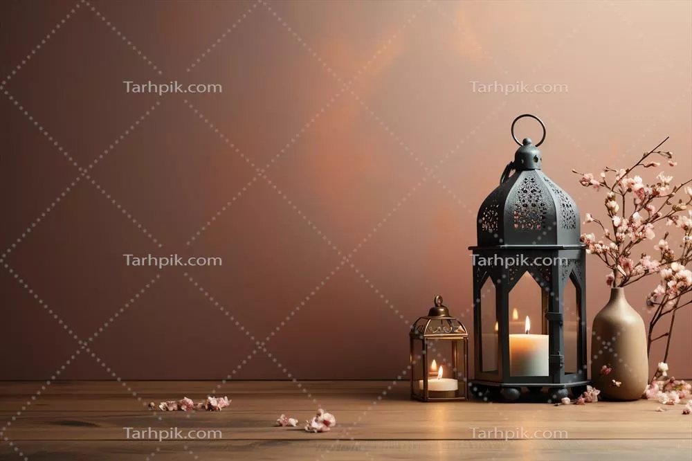 تبریک عید فطر با چراغ اسلامی و پس‌زمینه‌ای از مسجد و نورهای رمضان