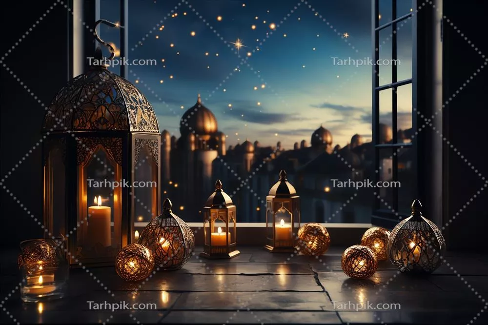پیام‌های عید مبارک و رمضان کریم با چراغ اسلامی و پس‌زمینه عید فطر