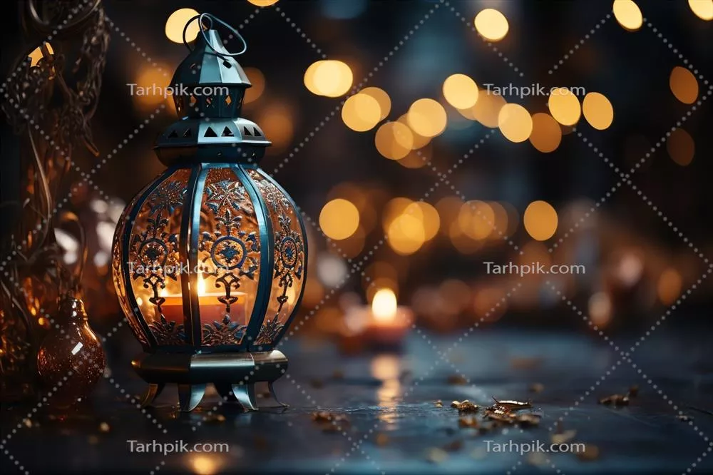 تبریک عید فطر و رمضان با چراغ اسلامی و背景 مسجد