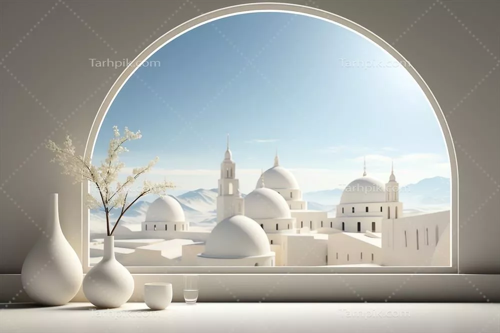 تبریک عید فطر و رمضان با فانوس اسلامی و پس‌زمینه مسجد