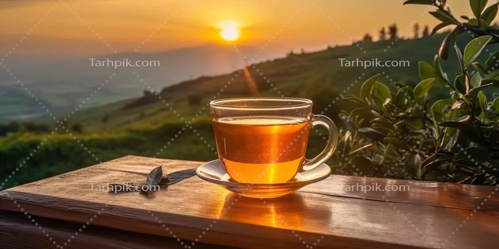 نقاشی گرافیکی از یک فنجان چای سبز تولید شده با هوش مصنوعی در پسزمینه کوهها