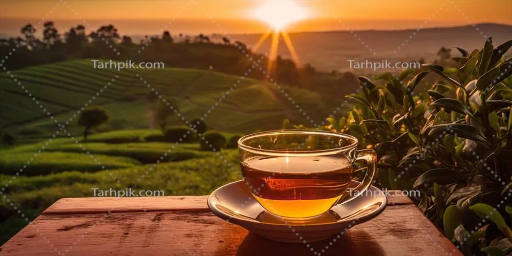 تصویر هنری یک فنجان چای سبز تولید شده با هوش مصنوعی در پسزمینه کوههای سبز و مزارع گیاهی