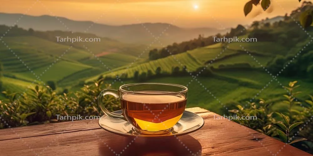 تولید تصویر هنری از یک فنجان چای سبز با دمنوش و پسزمینه کوهستانی