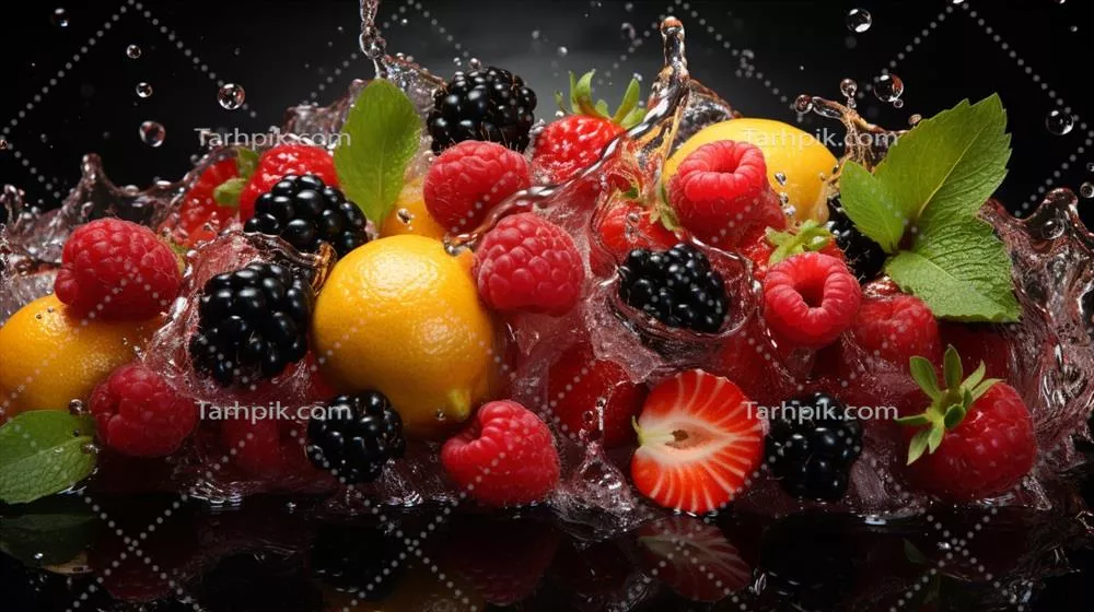 تصویر هنری میوهها با آّب بر روی زمینه سیاه