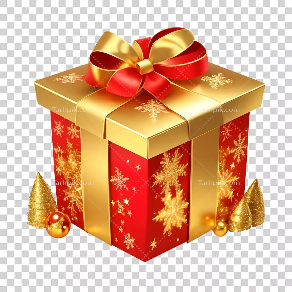 جعبه هدیه سه بعدی قرمز با روبان طلایی و درخت کریسمس بر روی زمینه شفاف