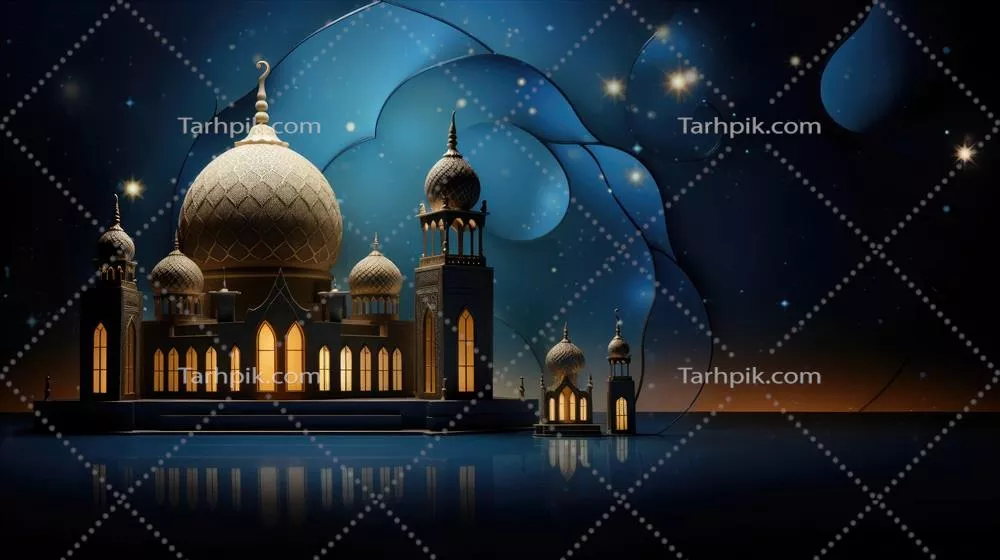 پس زمینه ماه رمضان با نمای شبانه مسجد و ماه برای تبریک عید