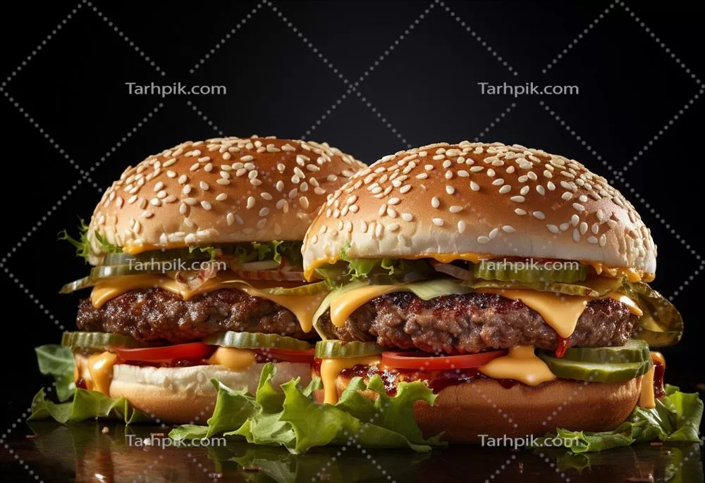 همبرگر دوگانه ایزوله شده بر روی پس زمینه سفید با تصویر واقعی با طراحی بسیار دقیق