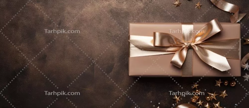 تصویری از یک جعبه هدیه زیبا با روبان طلایی و ستارههای درخشان همراه با فضای خالی برای نوشتن