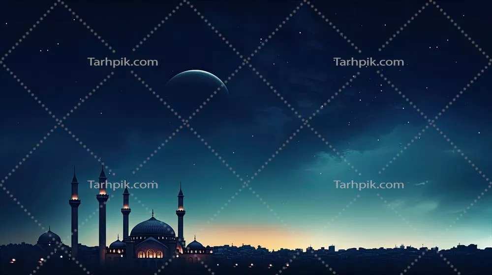 مساجد با گنبد در آسمان گرگ و میش و نماد هلال ماه برای متن عربی آئین اسلامی و اعیاد