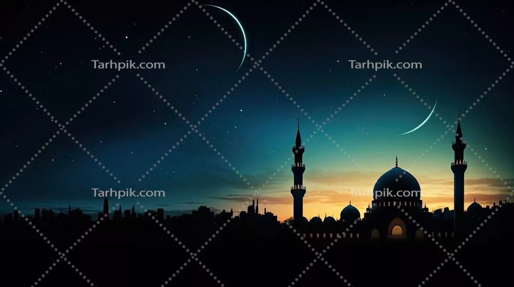 مسجد سیاهنما در برابر آسمان کمنور با هلال عید و پسزمینه اسلامی عید یا رمضان