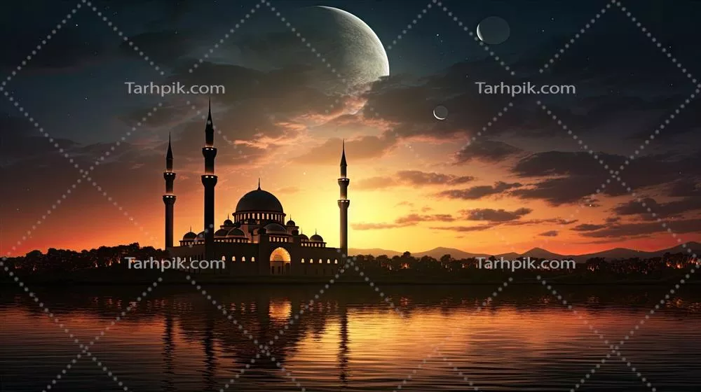شب اسلامی با سایه مسجد در برابر آسمان غروب و فضای مقدس و ماهتاب
