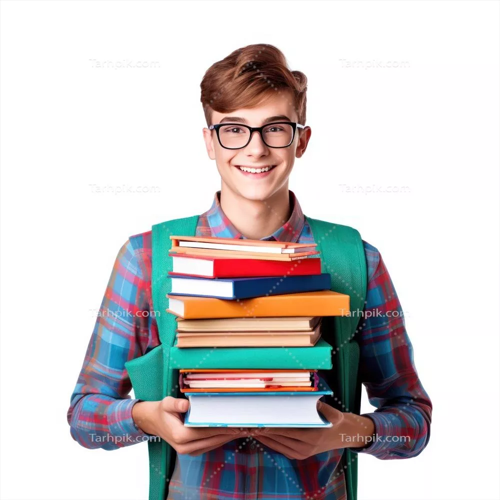 پسر دانشآموز خوشحال با کتابها در حالت ایزوله