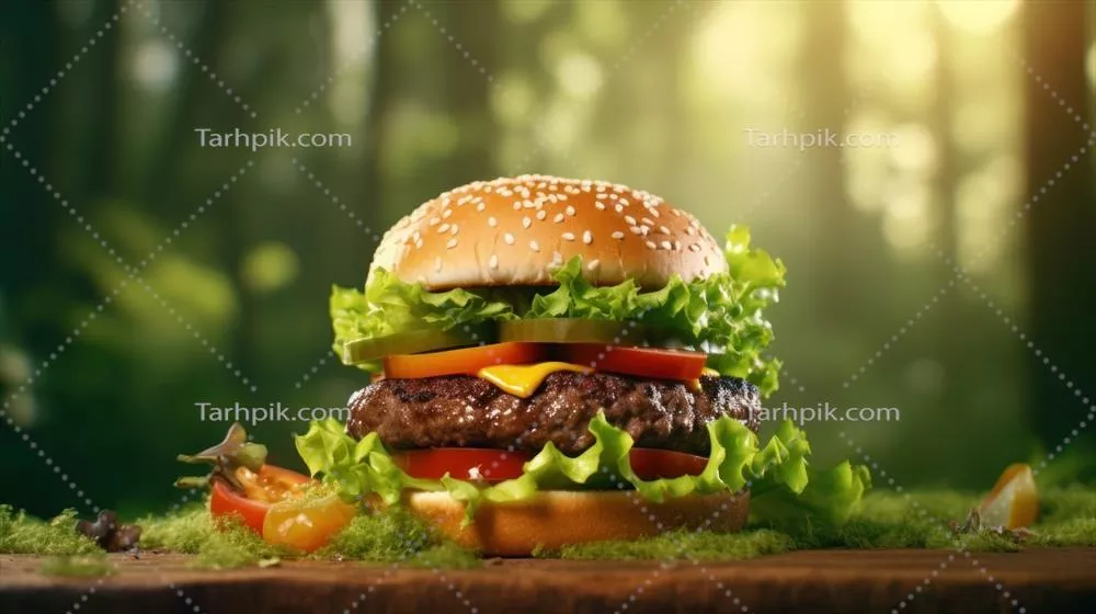 همبرگر گوشت گاو در پسزمینه طبیعی و دلنشین