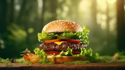 همبرگر گوشت گاو در پس‌زمینه طبیعی و دلنشین
