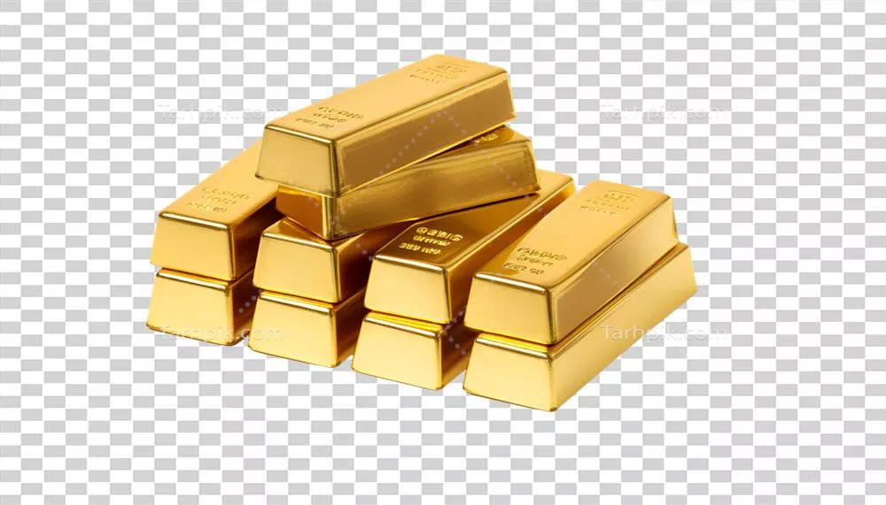 تکه های طلا: انبوهی از میله‌های طلا بر روی پس‌زمینه شفاف