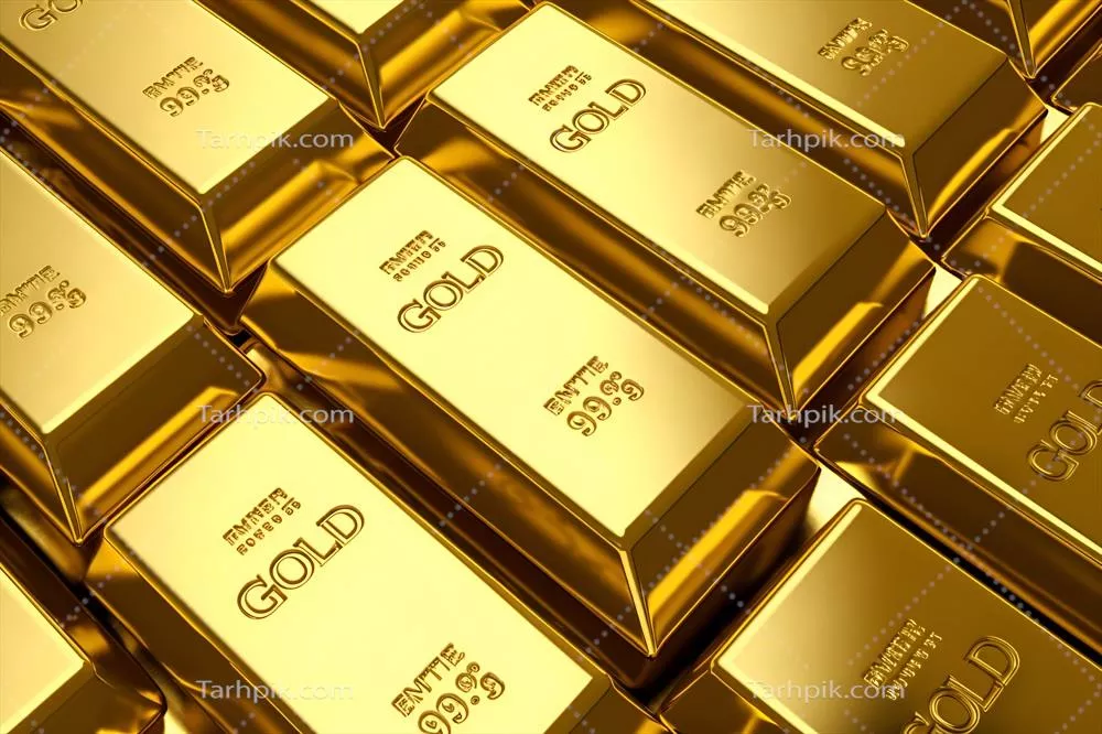 نگاه نزدیک به صفوف بارهای طلای درخشان؛ نماد بانکداری، مالی و ثروت نهایی