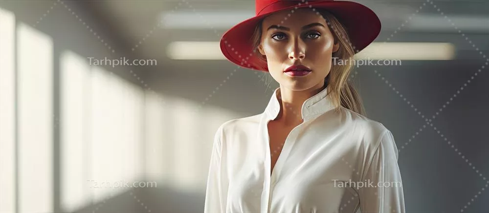 مدل جوان و شیکپوش در حالتی مستانه با پیراهن سفید و کلاه قرمز