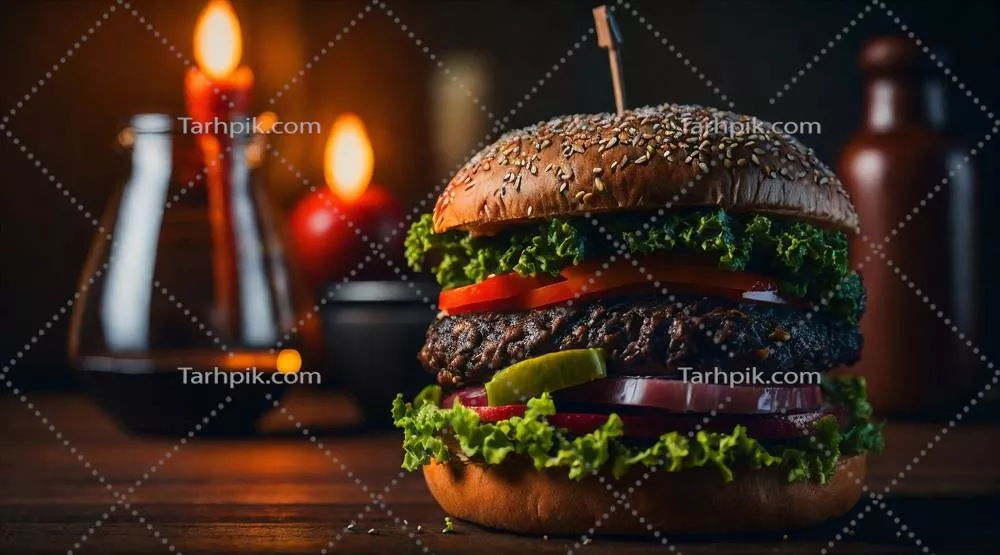 عکس نزدیک از یک همبرگر آب‌دار بر روی میز چوبی با جلوه فیلمی و حال و هوای وینتج