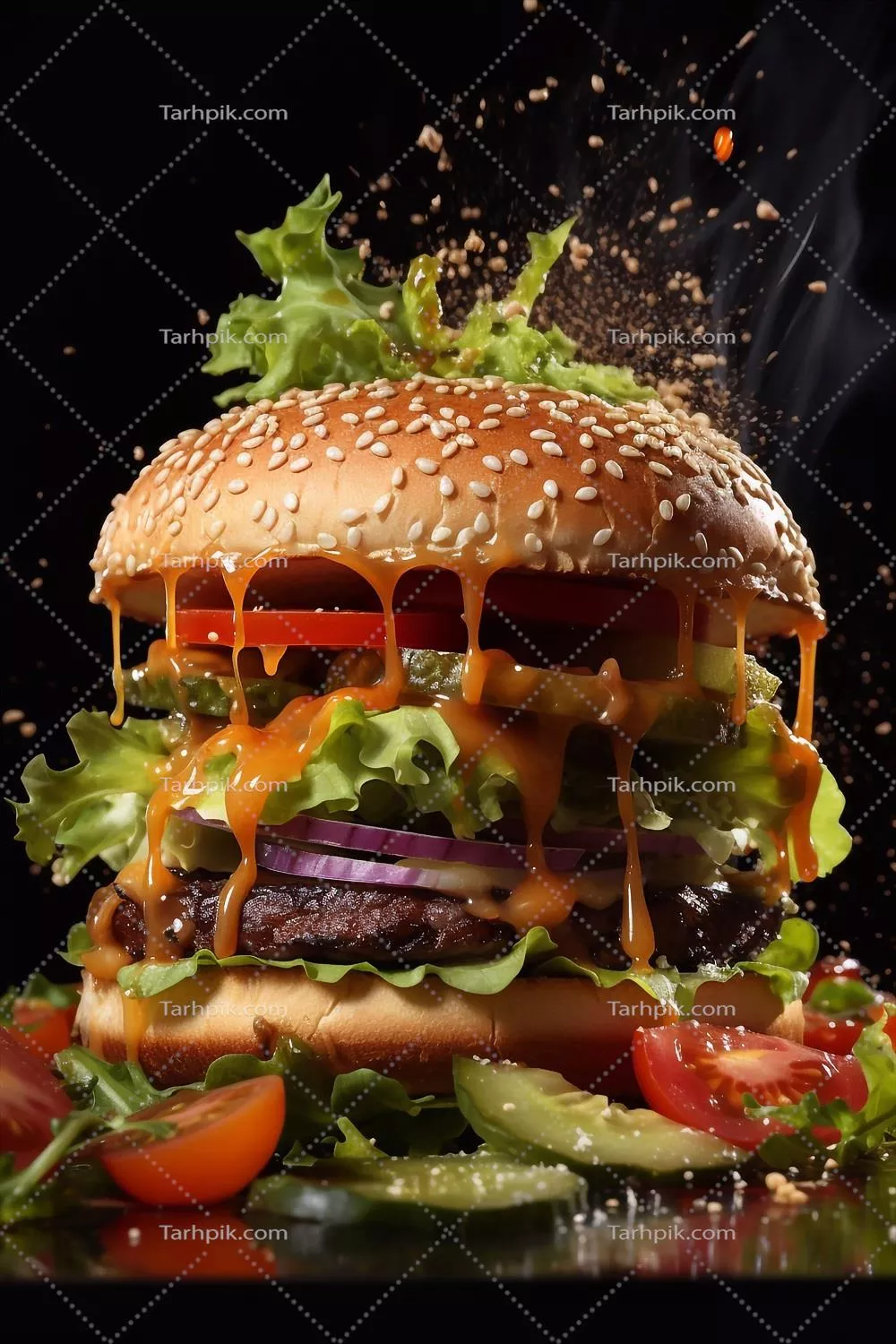 همبرگرهای خوشمزه آماده برای خوردن با تکه‌های کاهو و سس