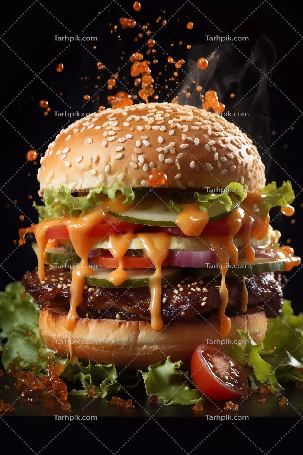 برگر آبکی و خوشمزه: غذای آماده با تکههای کاهو و سس مخصوص