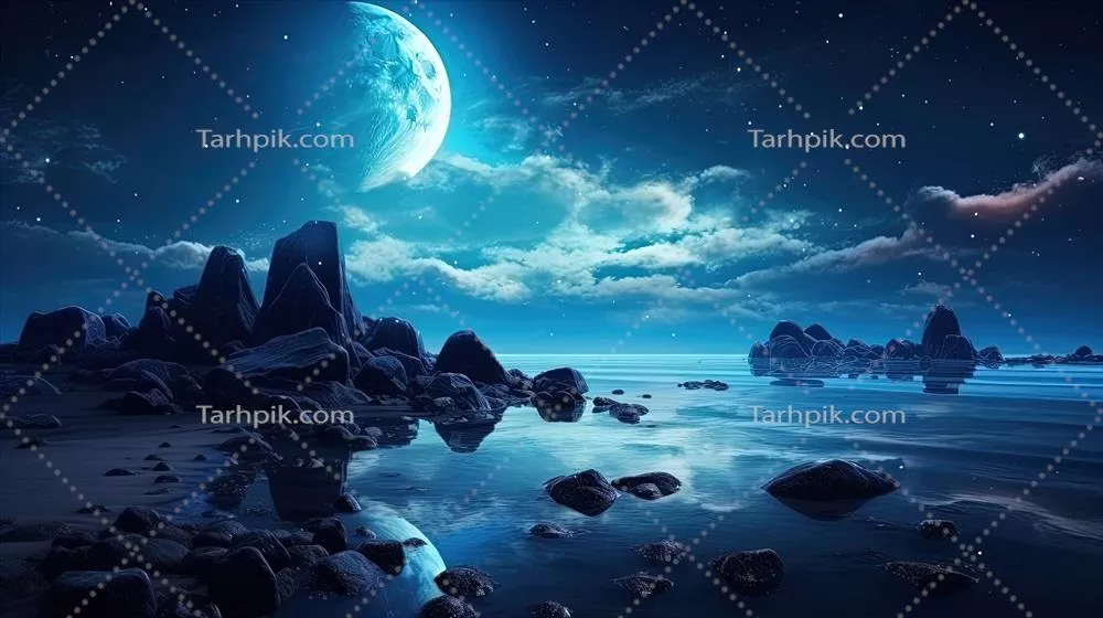 منظره دریایی آیندهنگر در شب با انعکاس ماه بر روی آب و سنگهای بزرگ