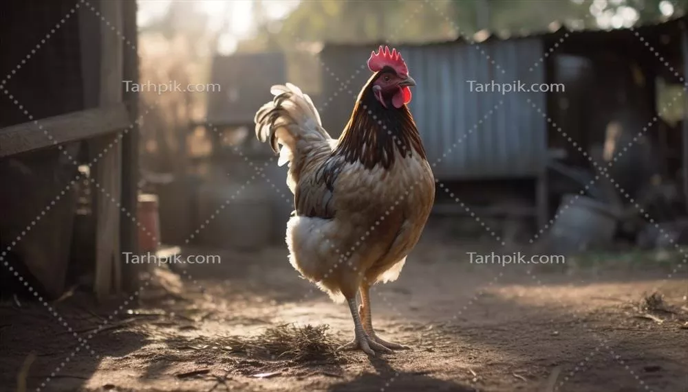مرغ جوجه زیبا در چمنزار سبز ایستاده و به دوربین نگاه میکند