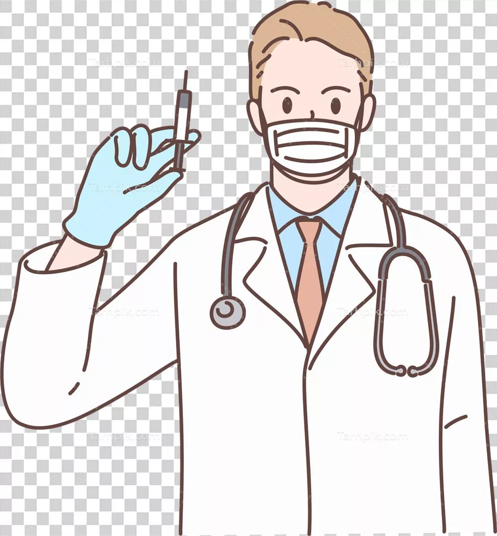 شخصیت پزشک جوان و حرفهای در ماسک پزشکی و در حال نگهداشتن سرنگ - طراحی دستکشیده