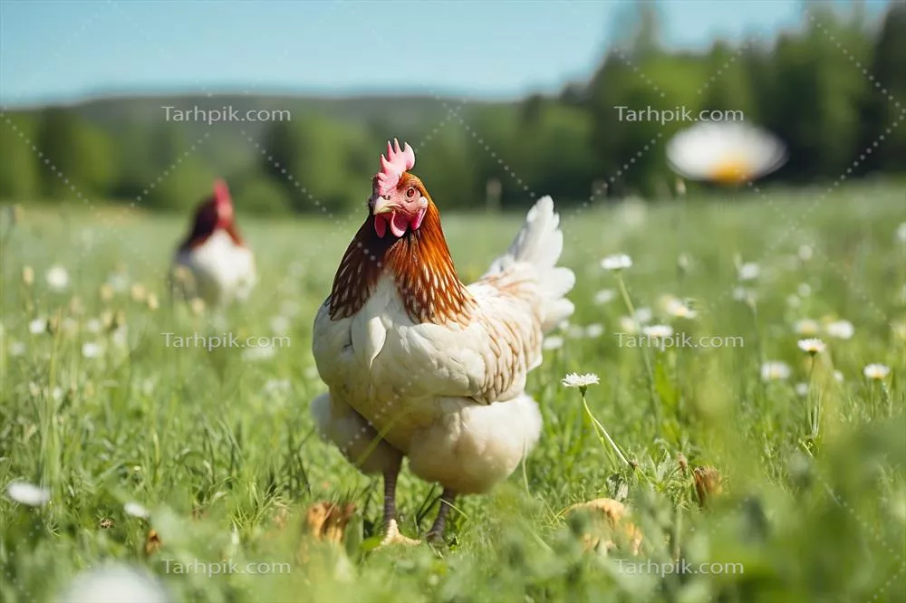 تصویری از مرغ در یک زمین سبز و دلنواز با مناظر زیبا