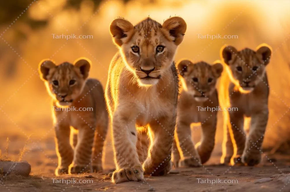 شیرهای جوان در آسمان طلايي دشت های آفریقایی در ساعت طلایی روز