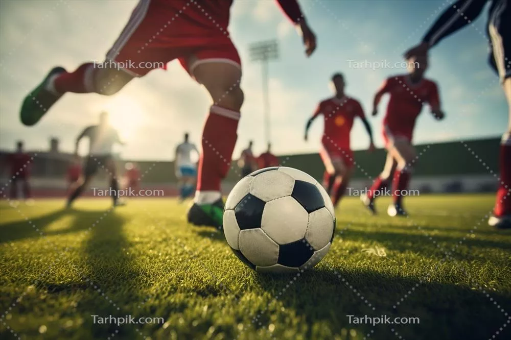 صحنه رقابت فوتبالی با بازیکنان در حال ضربه زدن به توپ در جزئیات نزدیک