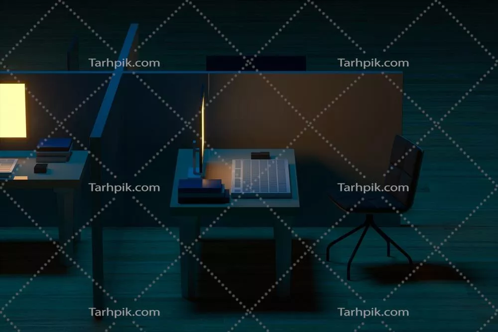 مدل اداری و طراحی کف چوبی با پسزمینه تاریک - رندر سهبعدی
