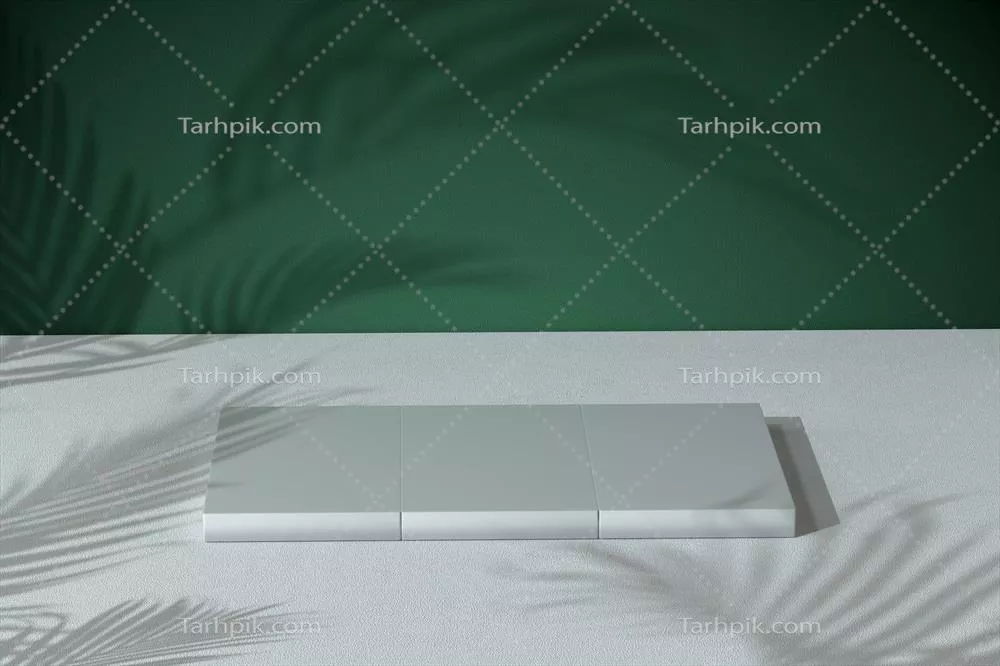 مدل سه بعدی استند مکعبی بر روی دیوار سبز برای طراحی داخلی