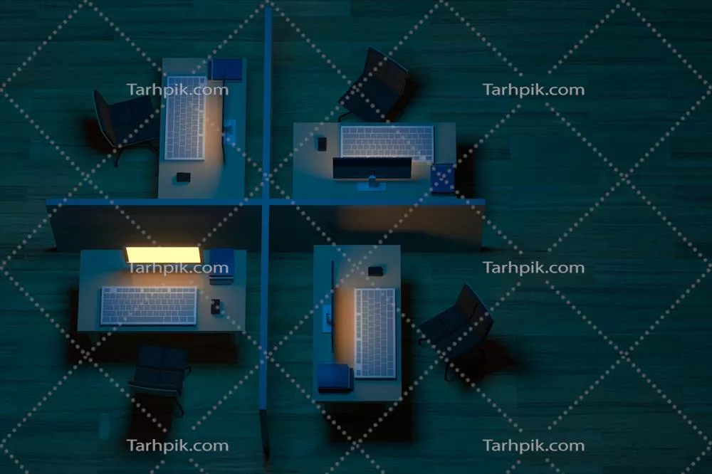 مدل دفتر با کف چوبی در پسزمینه تیره با رندر سهبعدی
