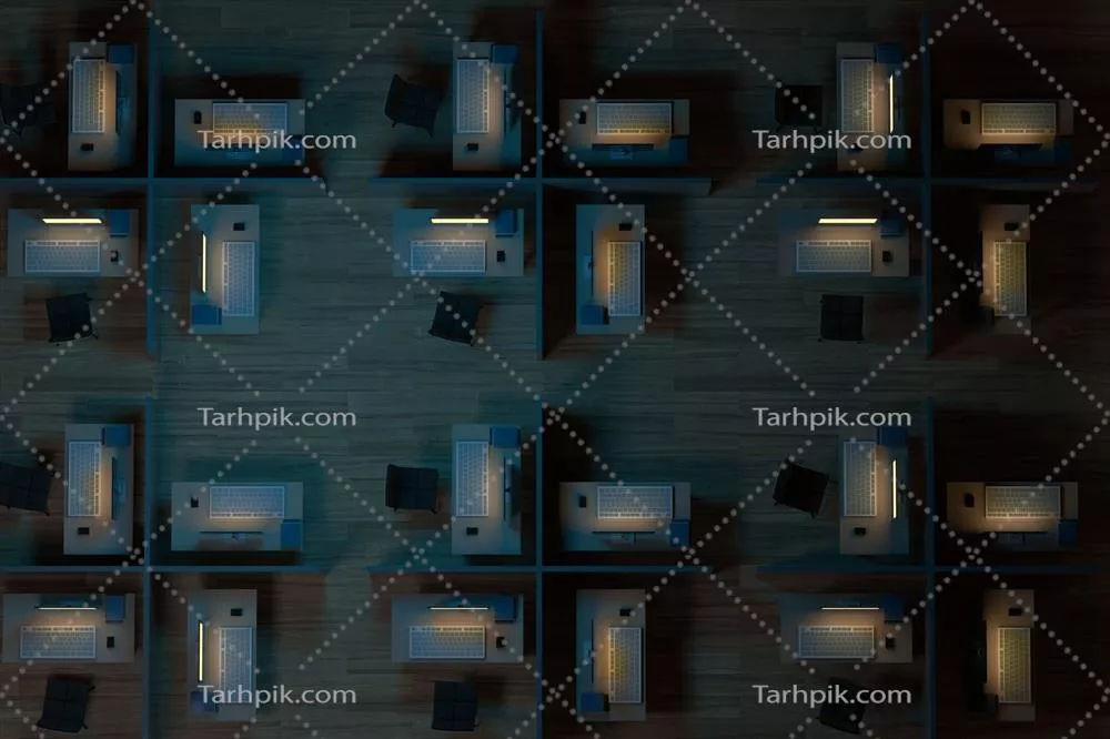 تجسم سه بعدی دفتر با طراحی مدرن و کف چوبی در پس زمینه تاریک