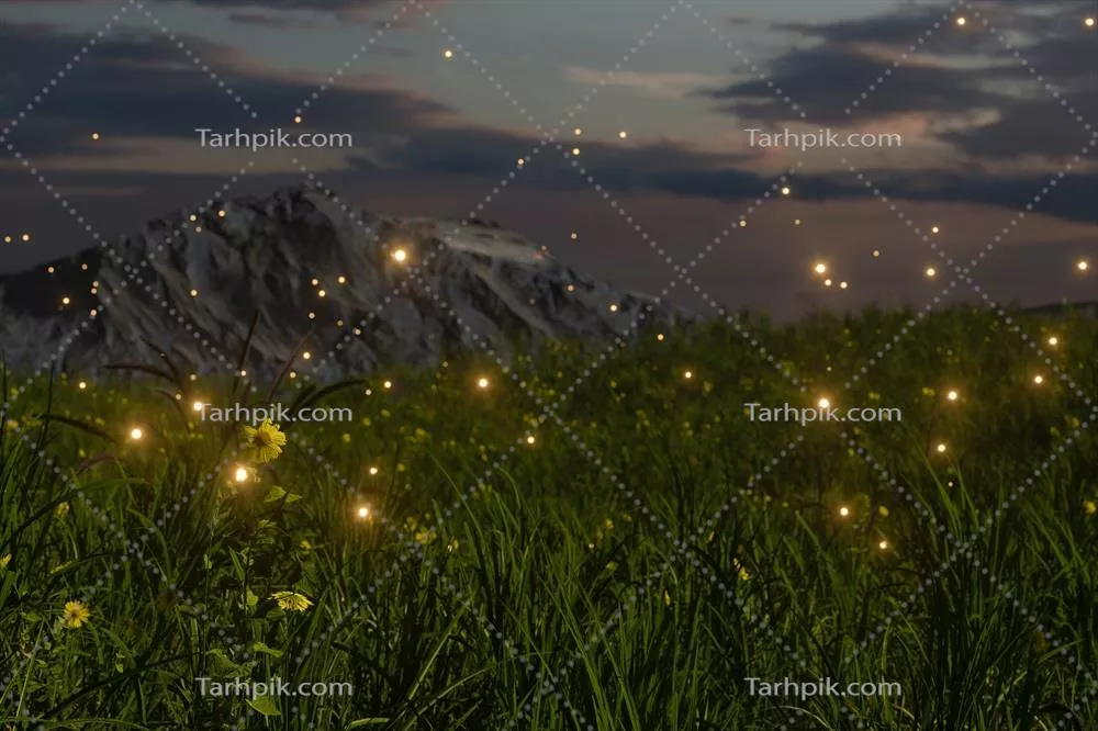 تصویر سه بعدی کرم شب تاب در حال پرواز بر فراز دشت سبز