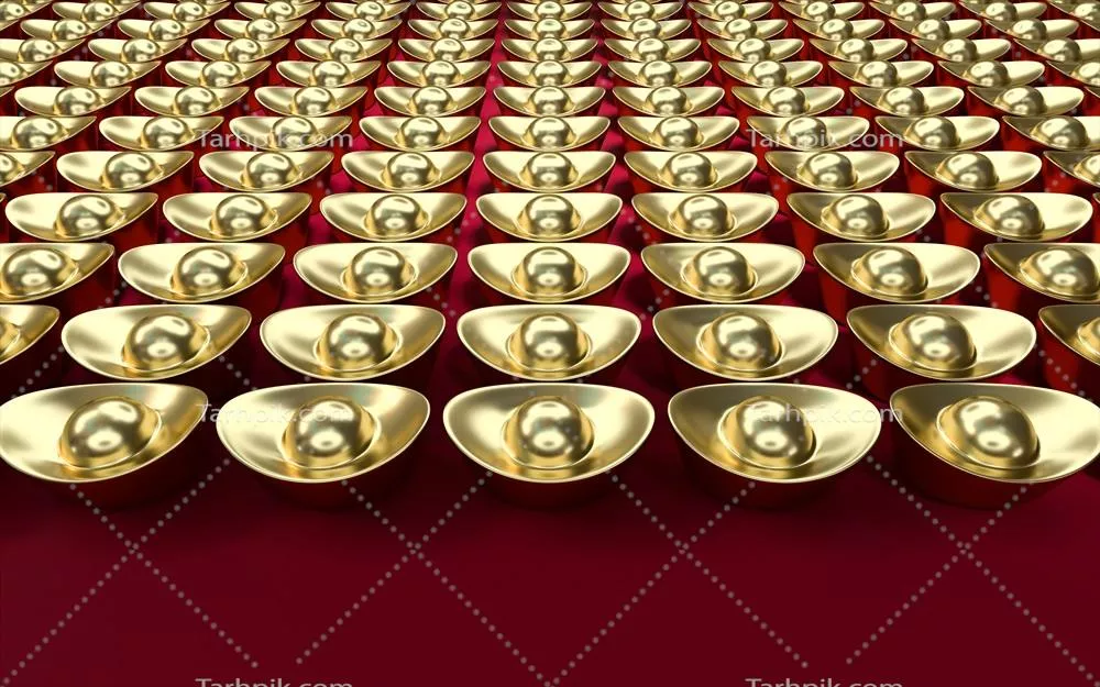 انگشتر طلا چینی در پس زمینه قرمز - رندر سه بعدی زیبا