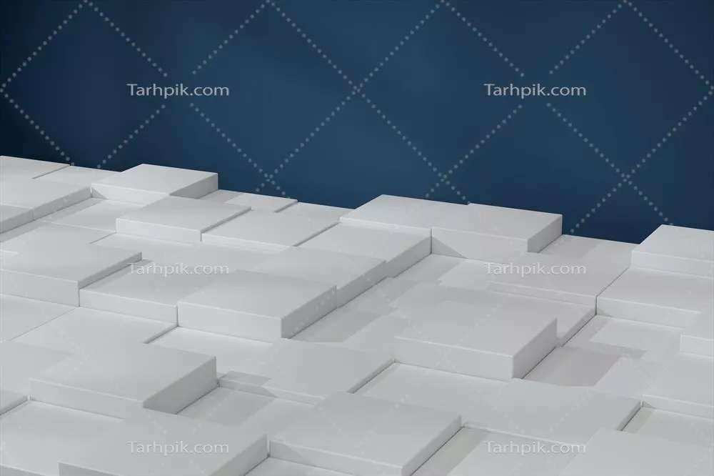 رندر سه بعدی نمای مکعب سفید بر روی کف با پس زمینه دیوار آبی